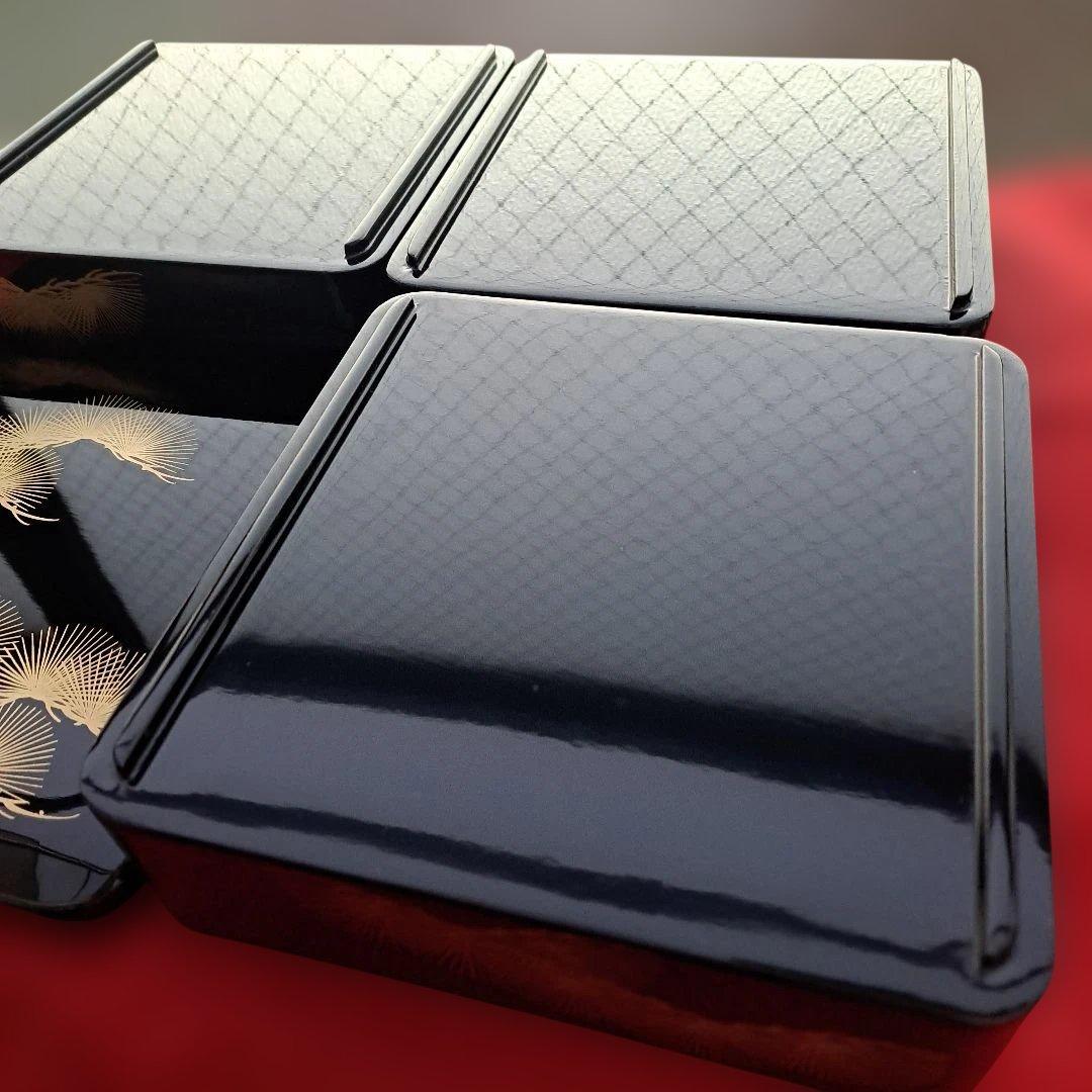 【大丸謹製　6寸\"3段重箱】天然木製 寿松葉蒔絵　未使用/長期保管品