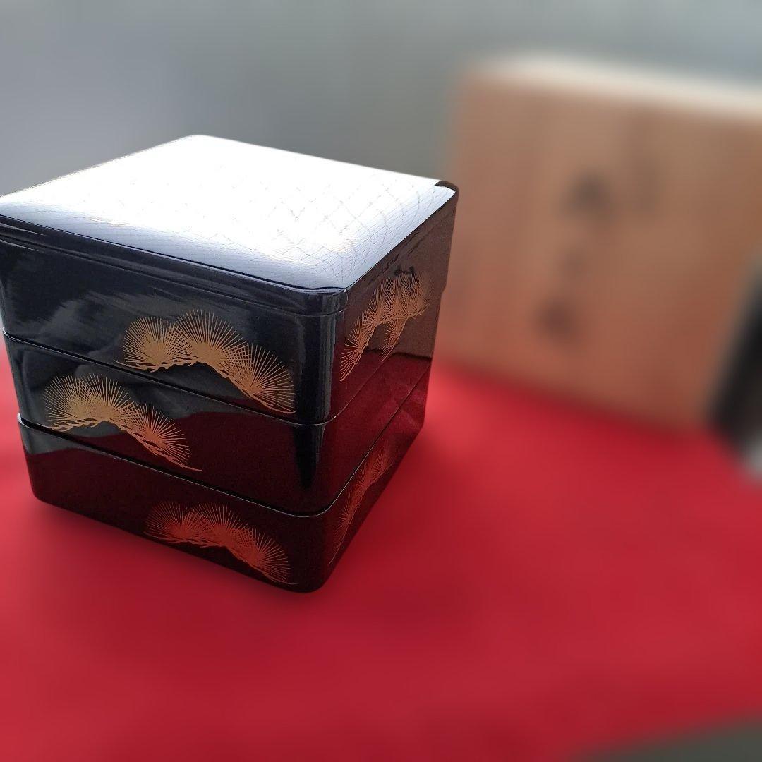 【大丸謹製　6寸\"3段重箱】天然木製 寿松葉蒔絵　未使用/長期保管品