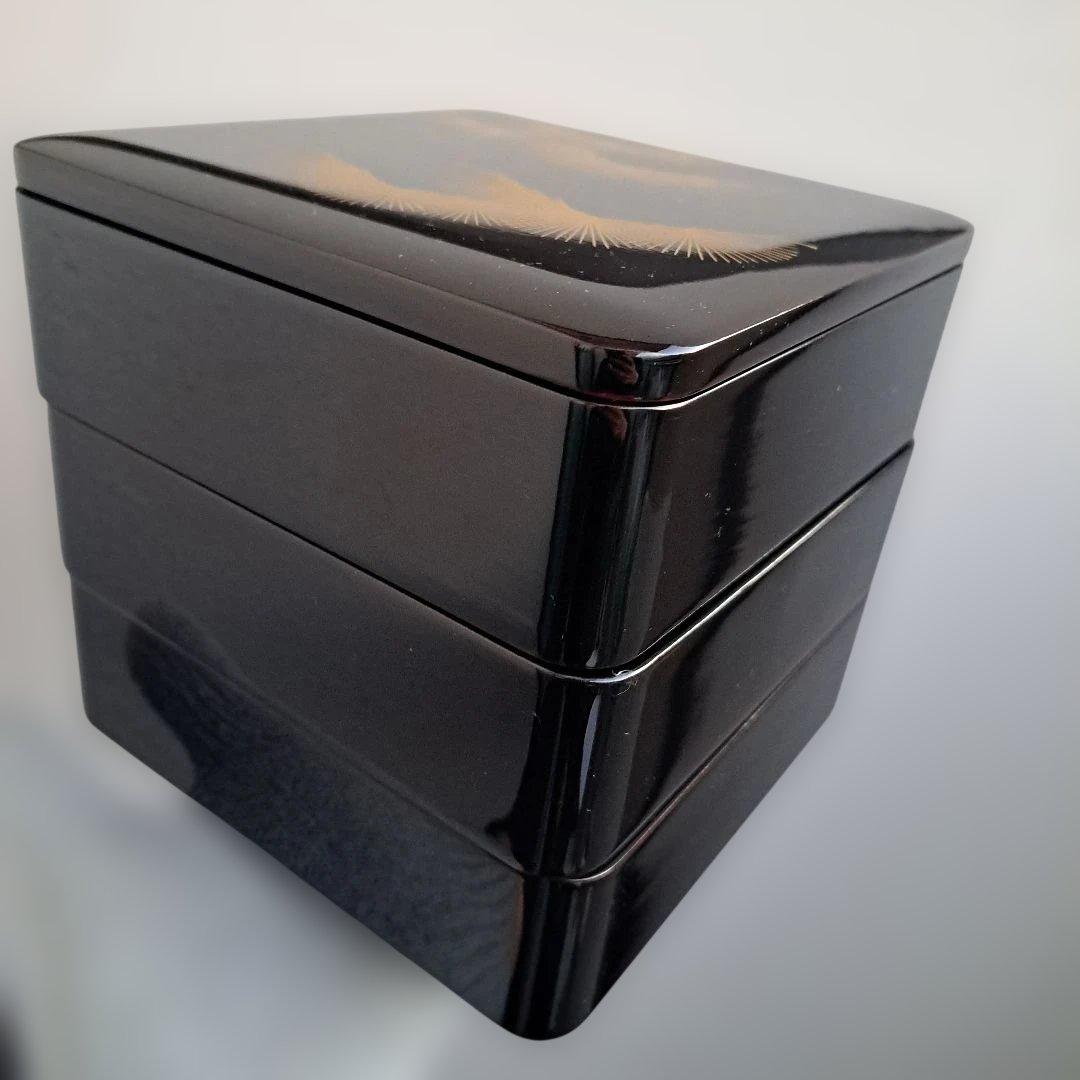 【大丸謹製　6寸\"3段重箱】天然木製 寿松葉蒔絵　未使用/長期保管品