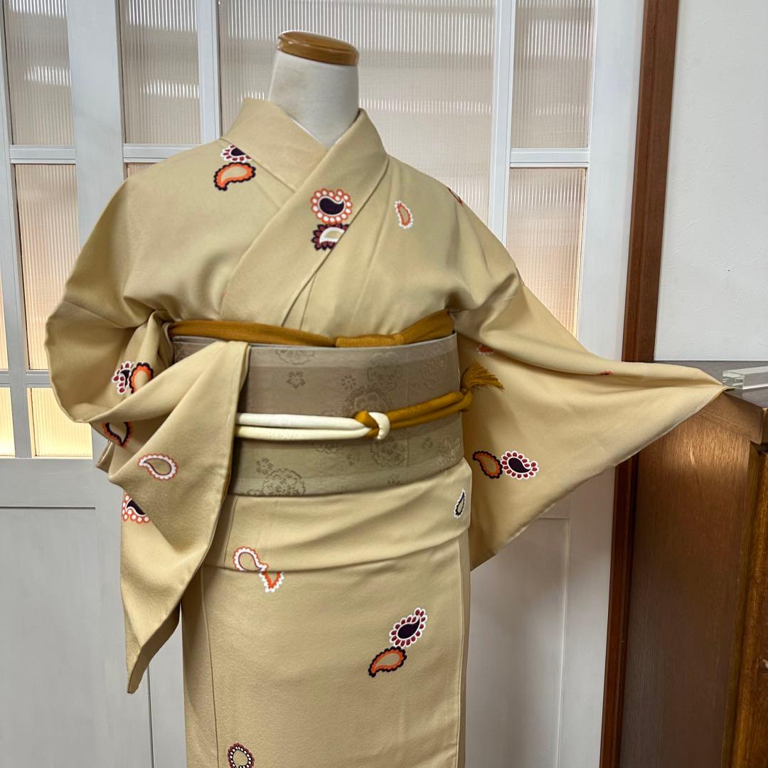 こ*ら様 希少サイズ　小紋　袷　正絹　黄粉色ペイズリー柄　身丈172裄71.5ト