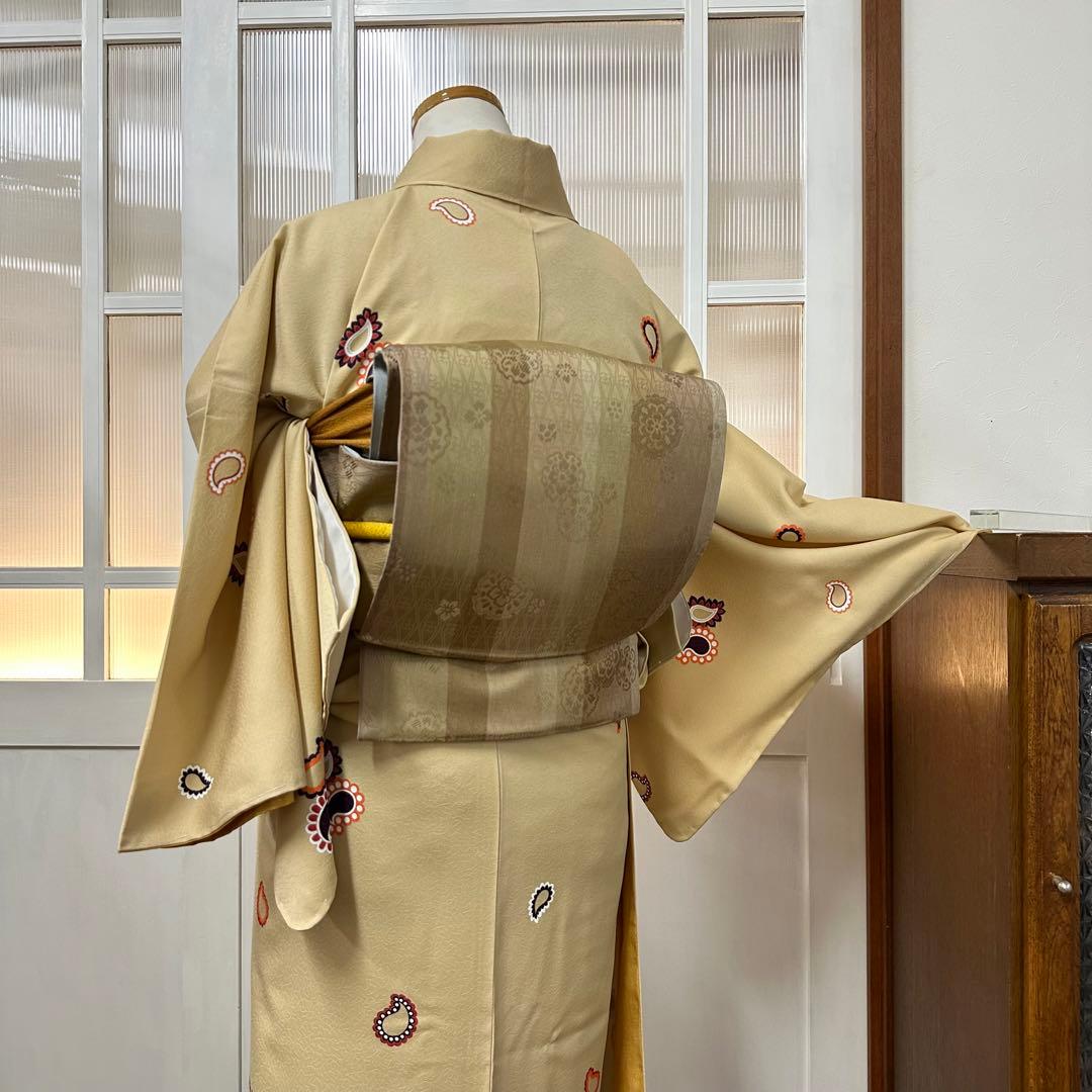 こ*ら様 希少サイズ　小紋　袷　正絹　黄粉色ペイズリー柄　身丈172裄71.5ト