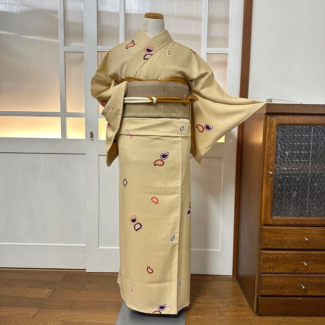 こ*ら様 希少サイズ　小紋　袷　正絹　黄粉色ペイズリー柄　身丈172裄71.5ト