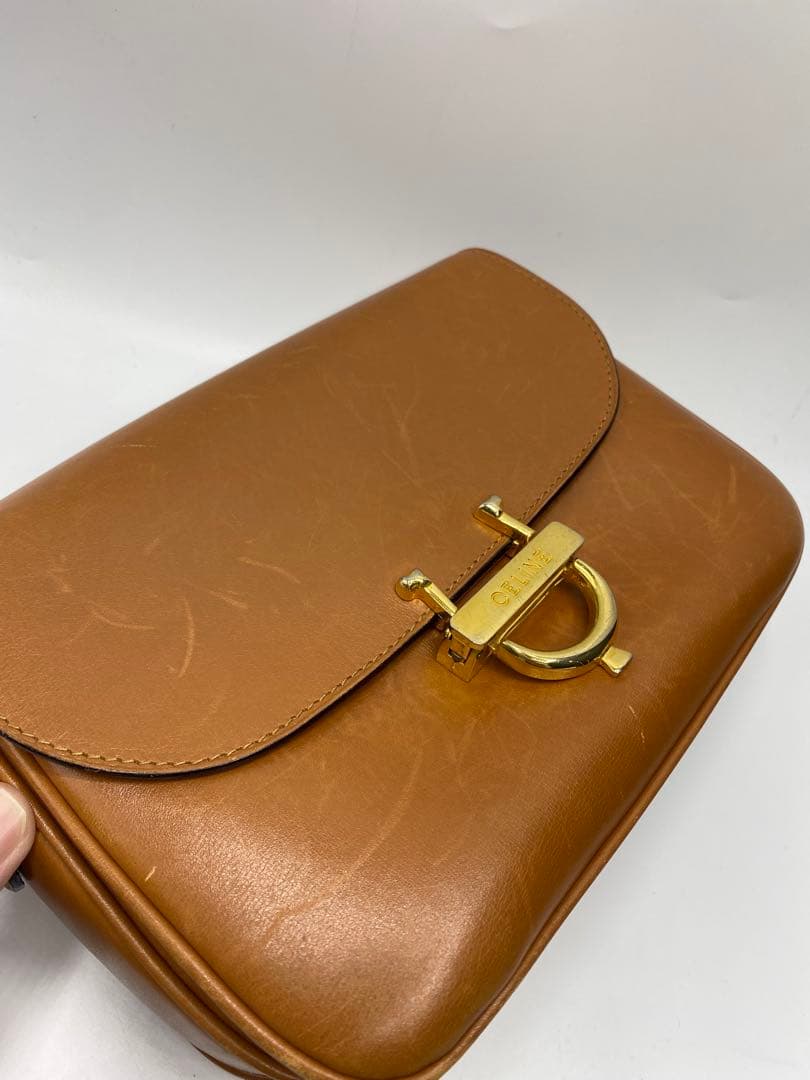 希少　オールドセリーヌ　ブラウン　キャメル　レザー　斜めがけ　ゴールド金具