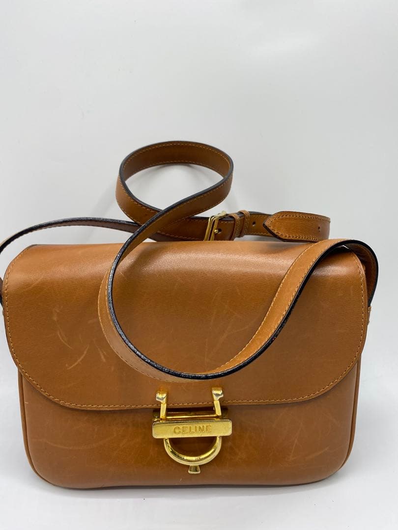 希少　オールドセリーヌ　ブラウン　キャメル　レザー　斜めがけ　ゴールド金具