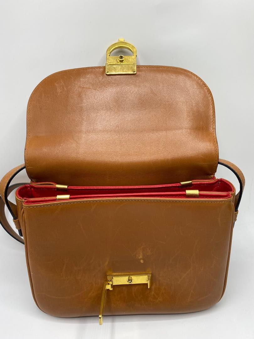 希少　オールドセリーヌ　ブラウン　キャメル　レザー　斜めがけ　ゴールド金具