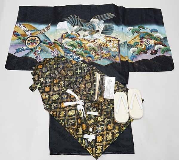 七五三 五歳 男児 羽織袴フルセット 黒地 金襴袴 お仕立て無料 袴変更可能