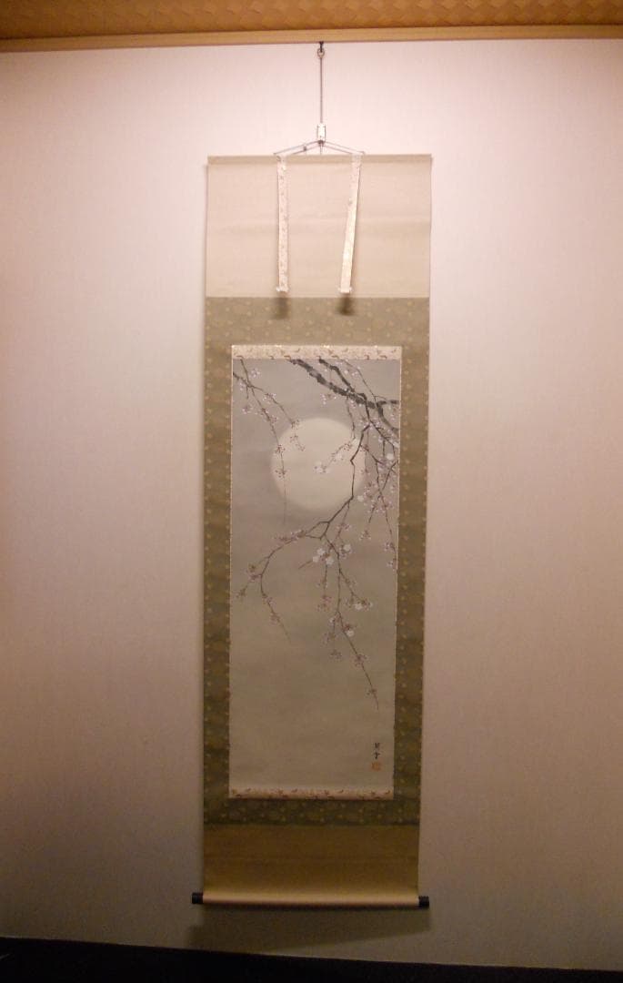 掛け軸 杉浦契雪 『 夜桜 』 絹本 希少 軸装 茶道具 掛軸 美品 です。