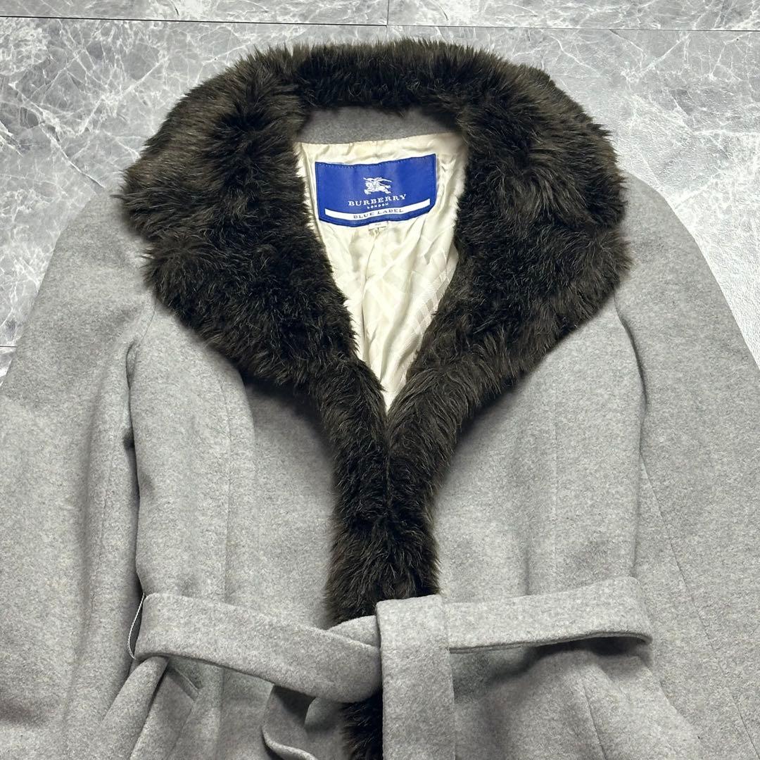 バーバリー♡ベルテッドコート　ファー　ロング　グレー　38