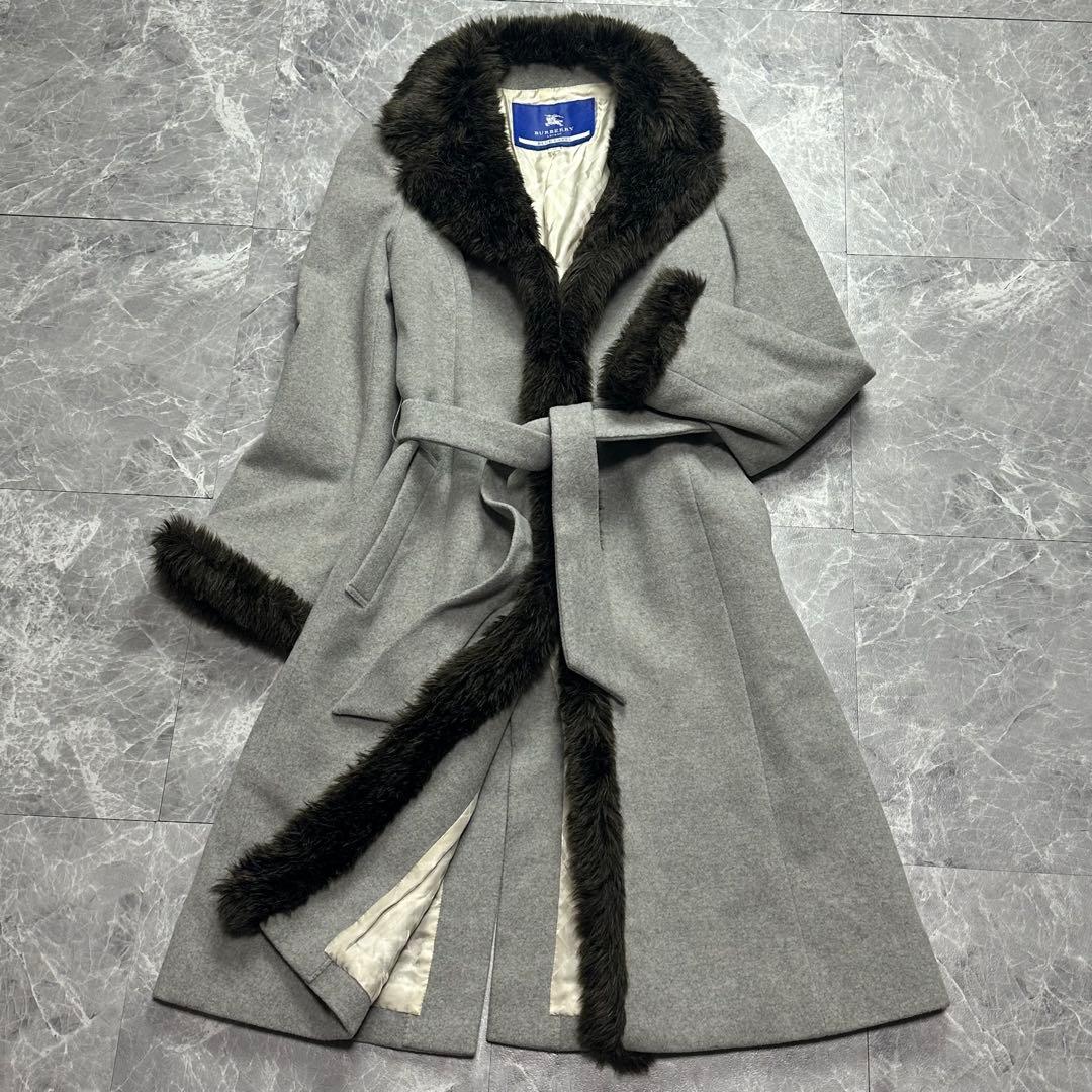 バーバリー♡ベルテッドコート　ファー　ロング　グレー　38