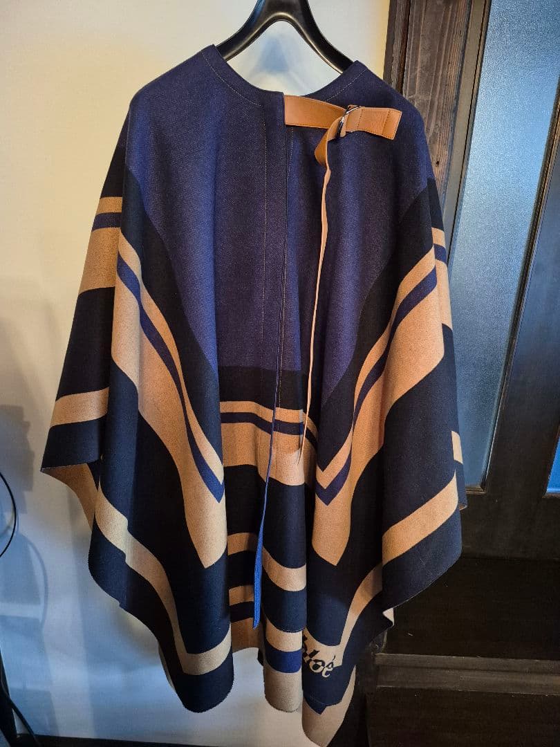 Chloe ネイビー ベージュ ストライプ ポンチョ レザーベルト