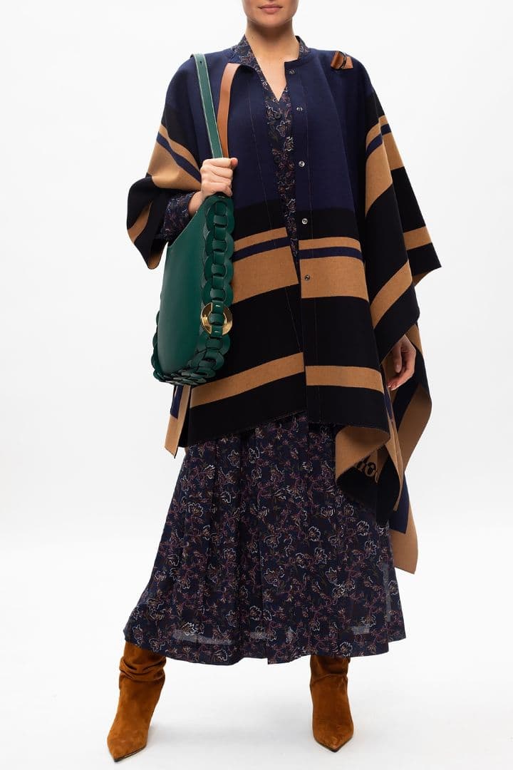 Chloe ネイビー ベージュ ストライプ ポンチョ レザーベルト