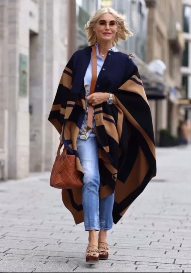 Chloe ネイビー ベージュ ストライプ ポンチョ レザーベルト