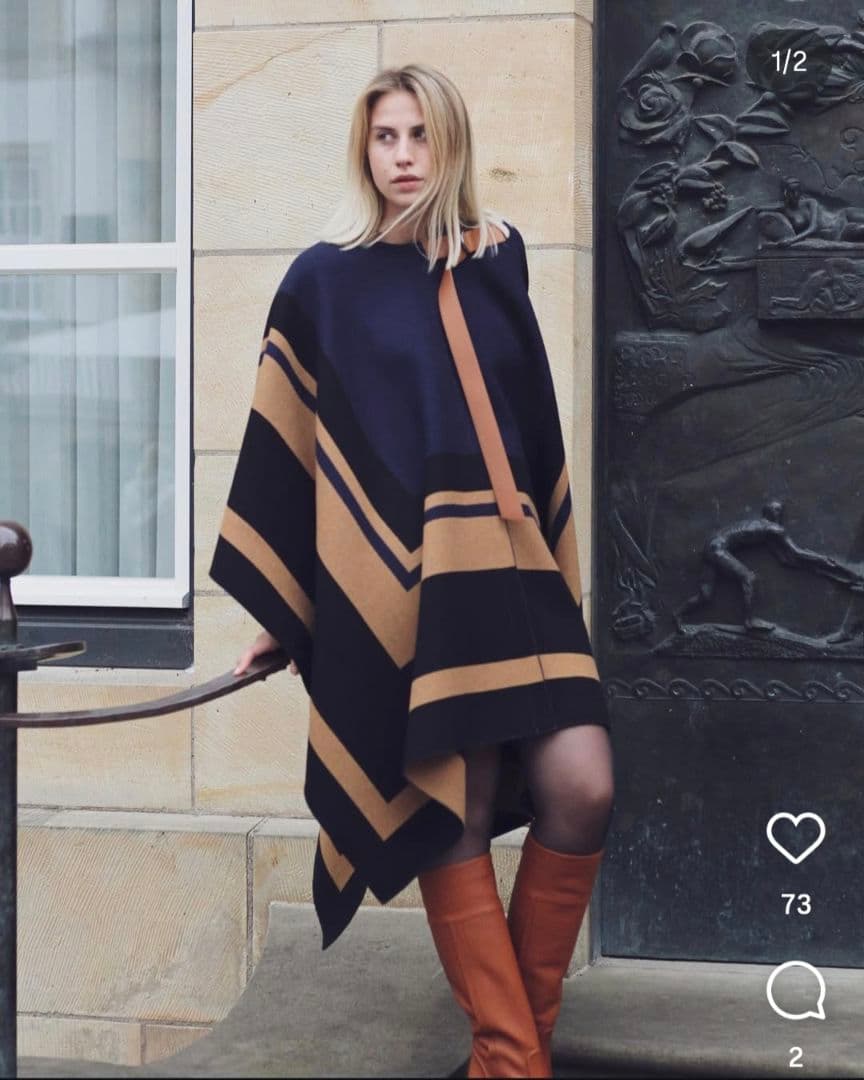 Chloe ネイビー ベージュ ストライプ ポンチョ レザーベルト