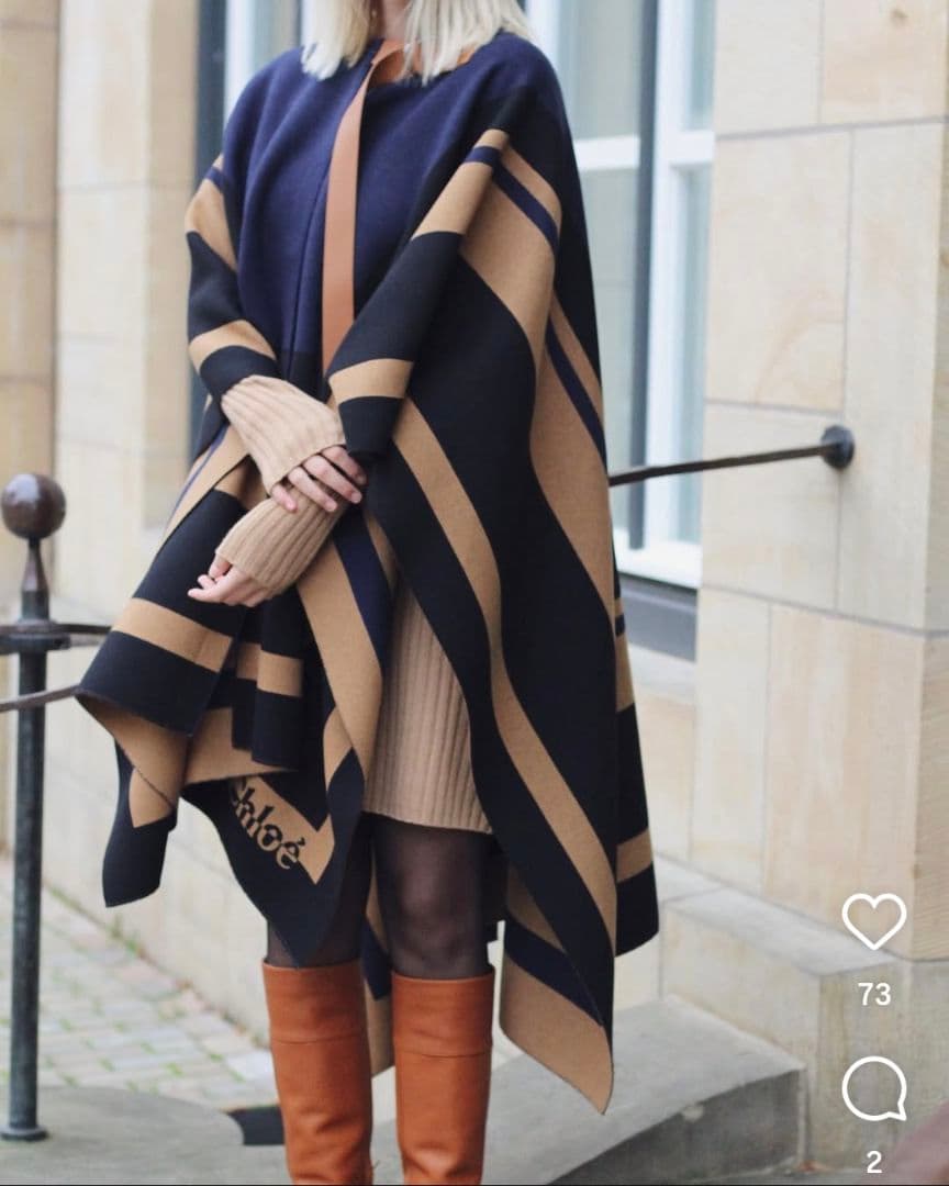 Chloe ネイビー ベージュ ストライプ ポンチョ レザーベルト