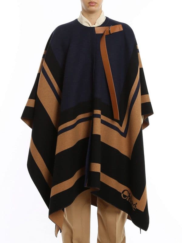 Chloe ネイビー ベージュ ストライプ ポンチョ レザーベルト