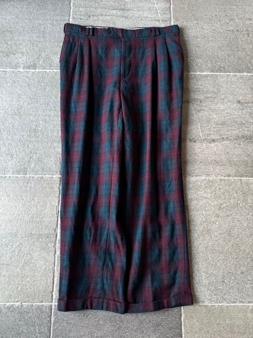 80s チェック ウールスラックス \"ボルドー×ダークグリーン\" W34