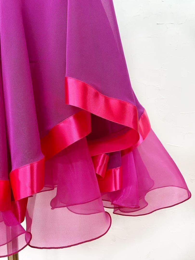 フーシャピンク　新作 社交ダンス用裾サテンテープ 　ロングフレアスカートｄ071
