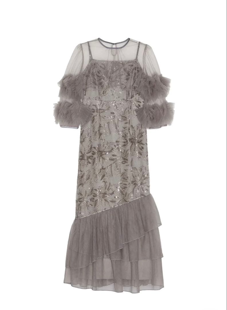 Leja フラワースパンコールチュールフリルスリーブIラインワンピースドレス