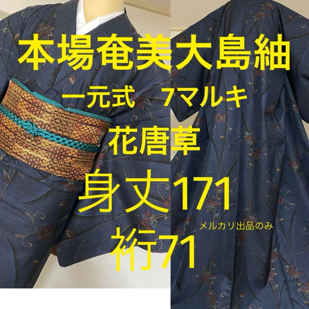 トールサイズ　本場奄美大島紬　正絹　花唐草　裄71　身丈171