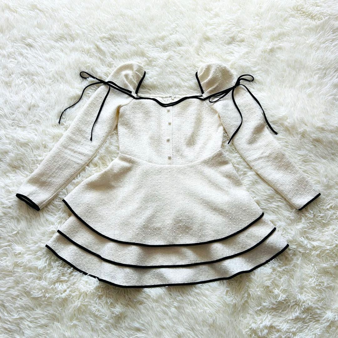 ワンピース Mme eme Ribbon trim tweed mini onepiece