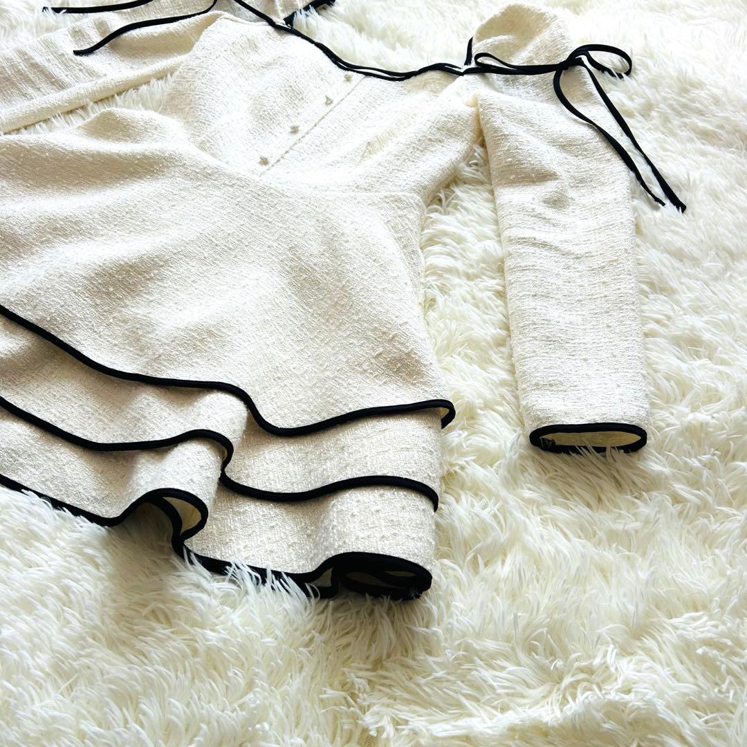 ワンピース Mme eme Ribbon trim tweed mini onepiece