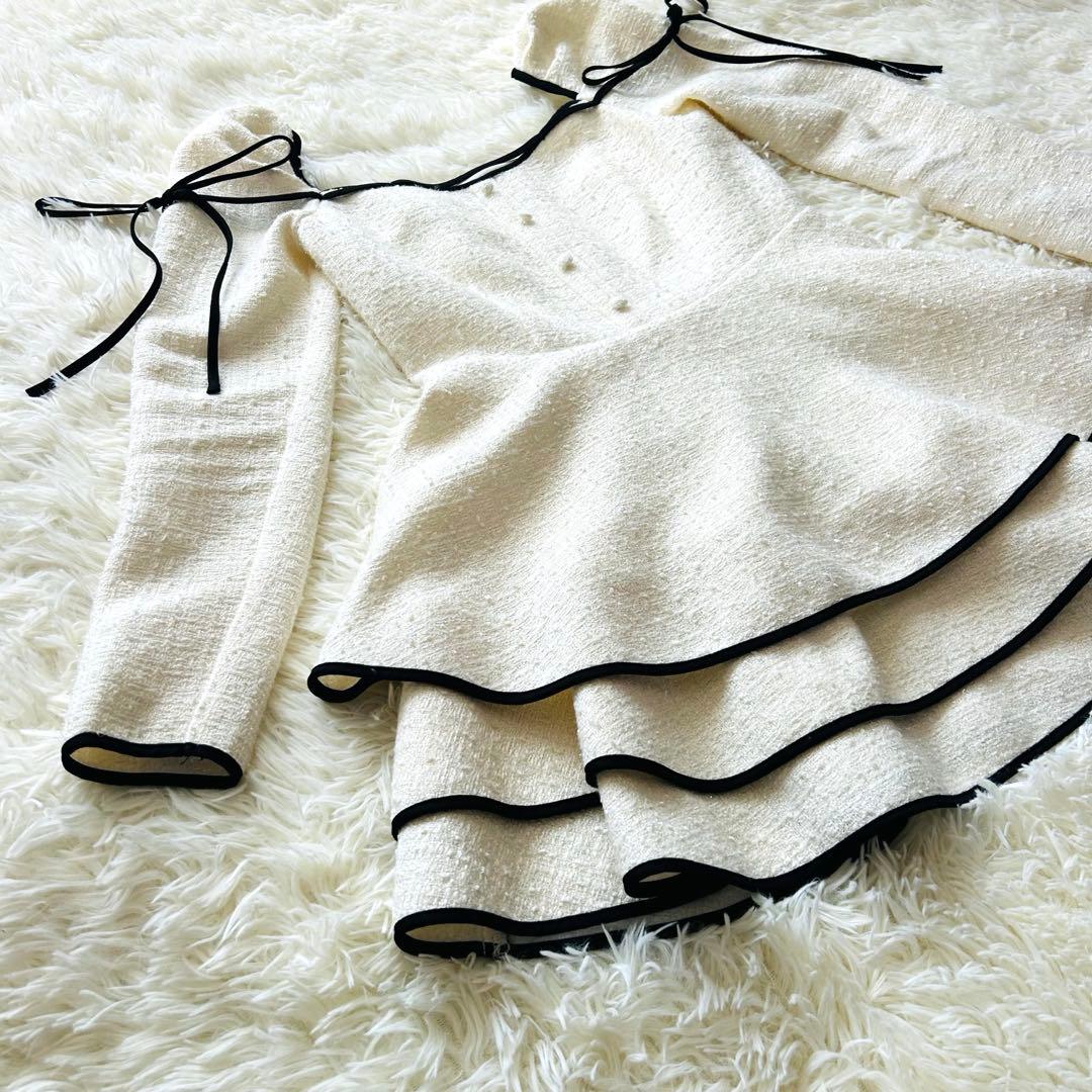 ワンピース Mme eme Ribbon trim tweed mini onepiece