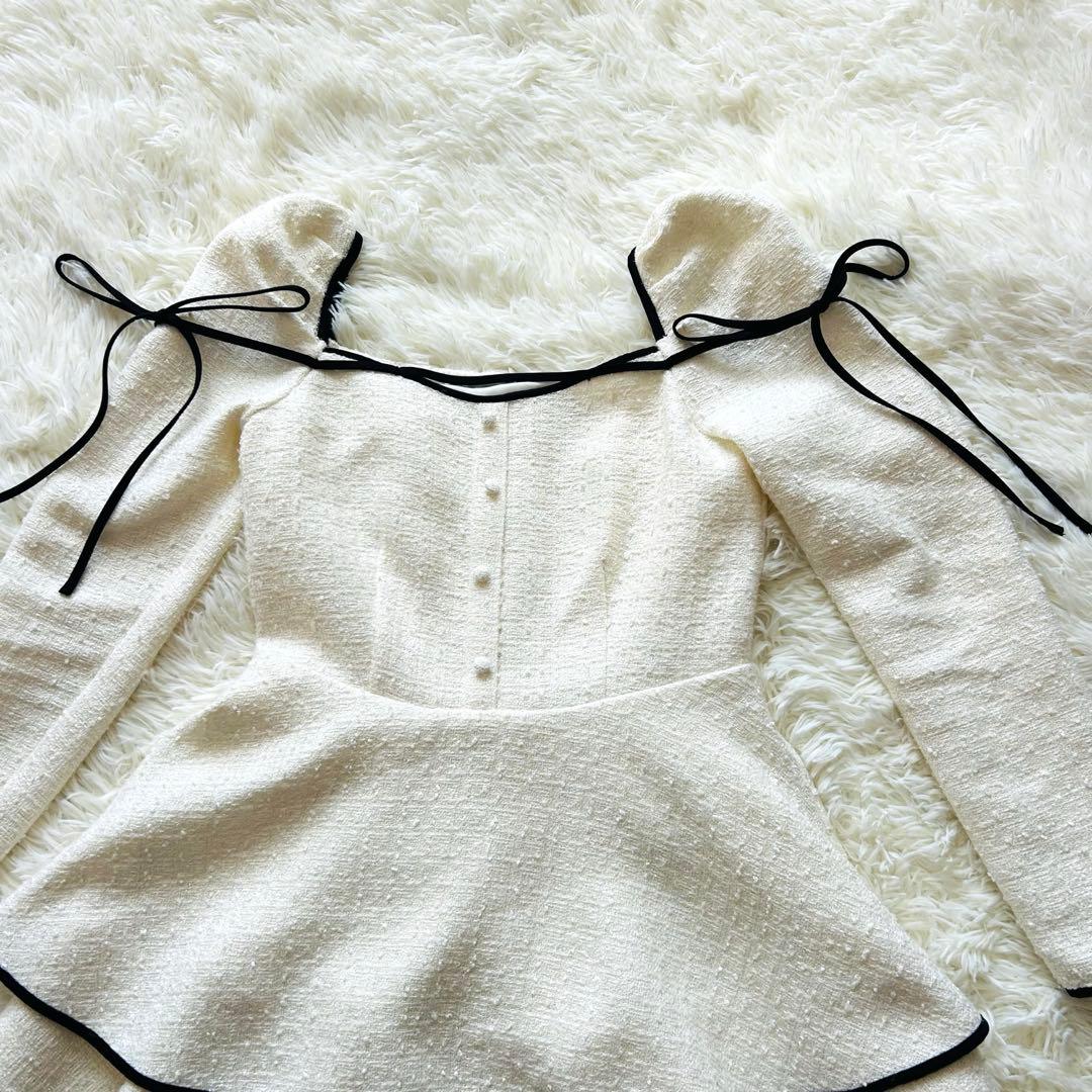 ワンピース Mme eme Ribbon trim tweed mini onepiece