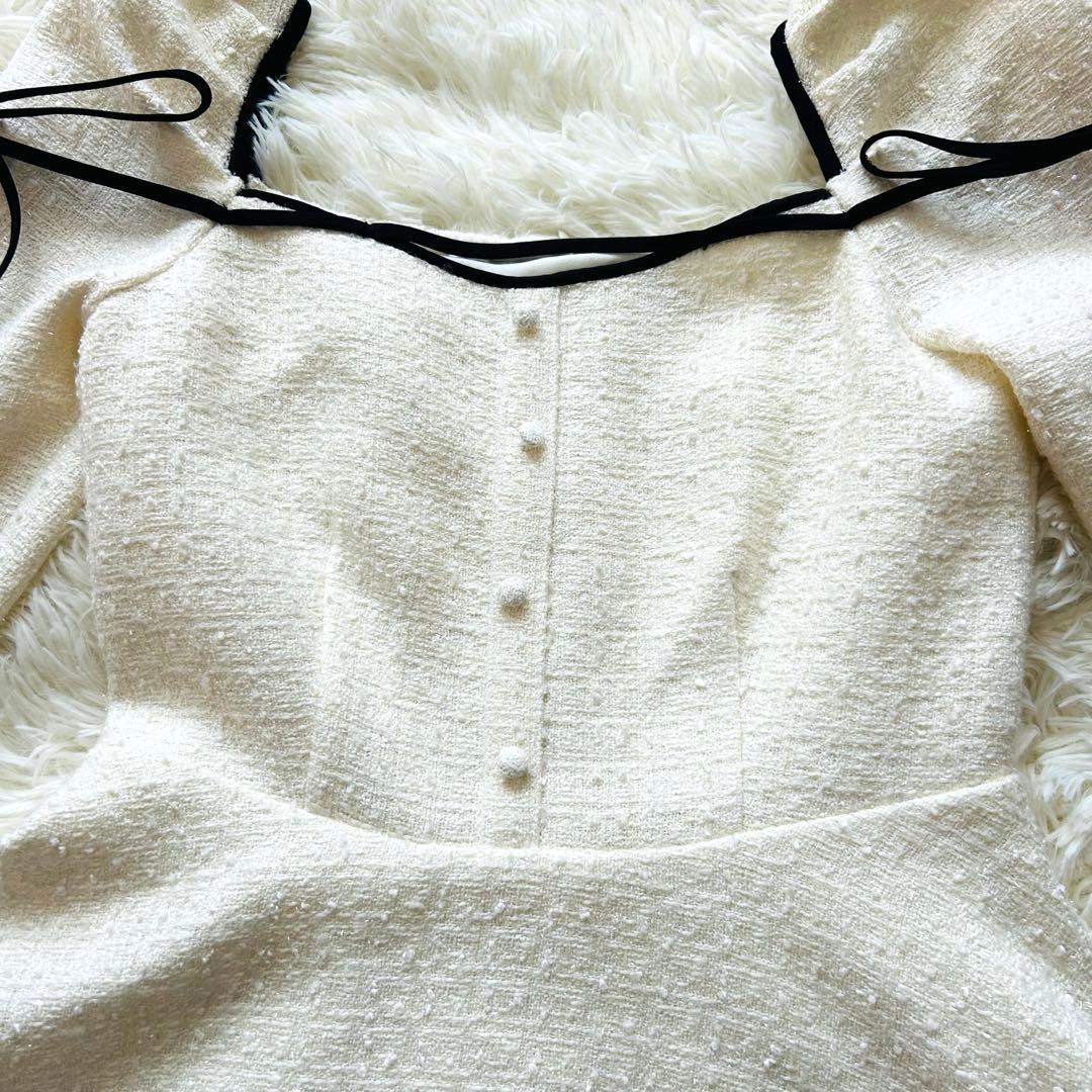 ワンピース Mme eme Ribbon trim tweed mini onepiece