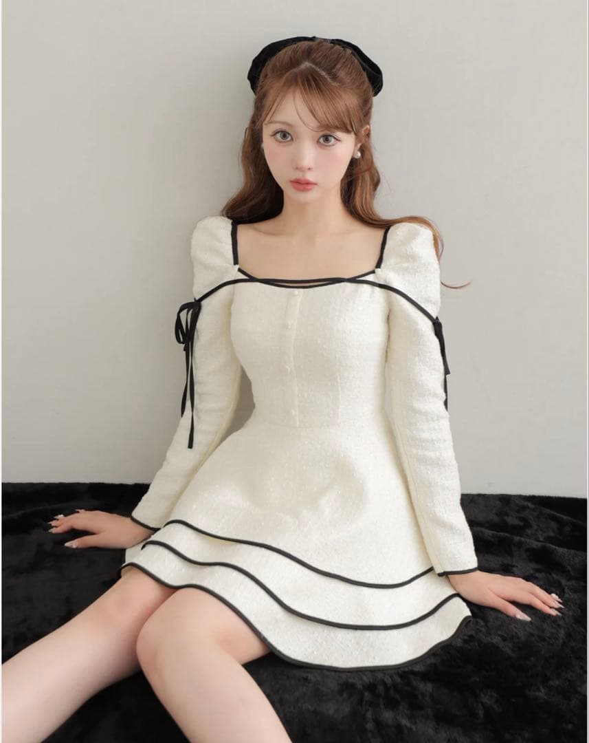 ワンピース Mme eme Ribbon trim tweed mini onepiece