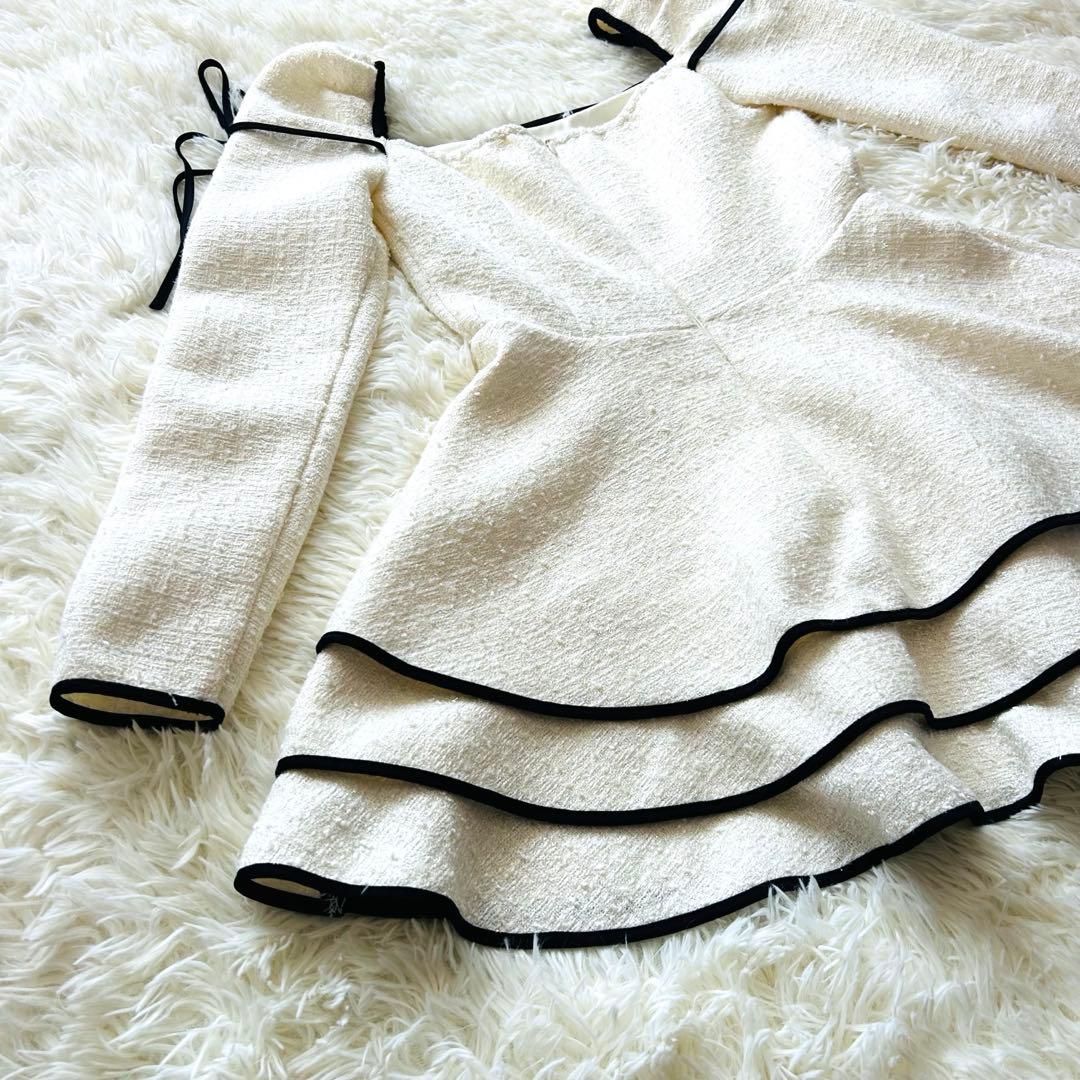 ワンピース Mme eme Ribbon trim tweed mini onepiece