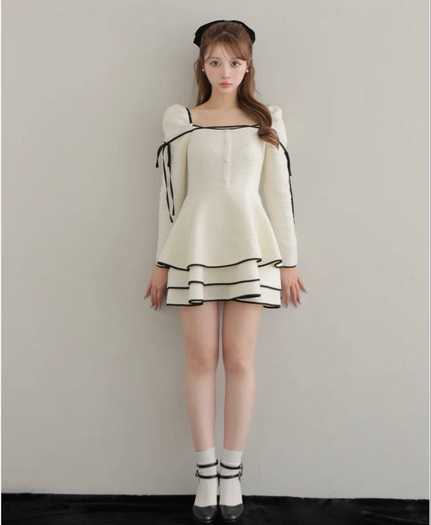 ワンピース Mme eme Ribbon trim tweed mini onepiece