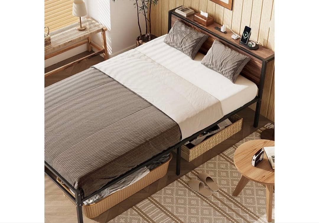 WLIVE ベッドフレーム 宮棚付き 2口コンセント すのこベッド セミダブル