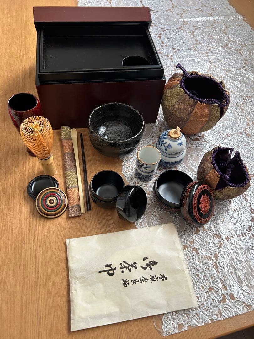 す*か様 茶道具セット 一式 焦茶箱付き 木箱のサイズ 約高さ14㌢幅21㌢奥行