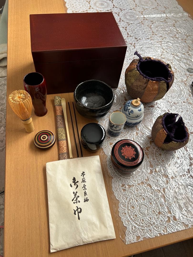 す*か様 茶道具セット 一式 焦茶箱付き 木箱のサイズ 約高さ14㌢幅21㌢奥行
