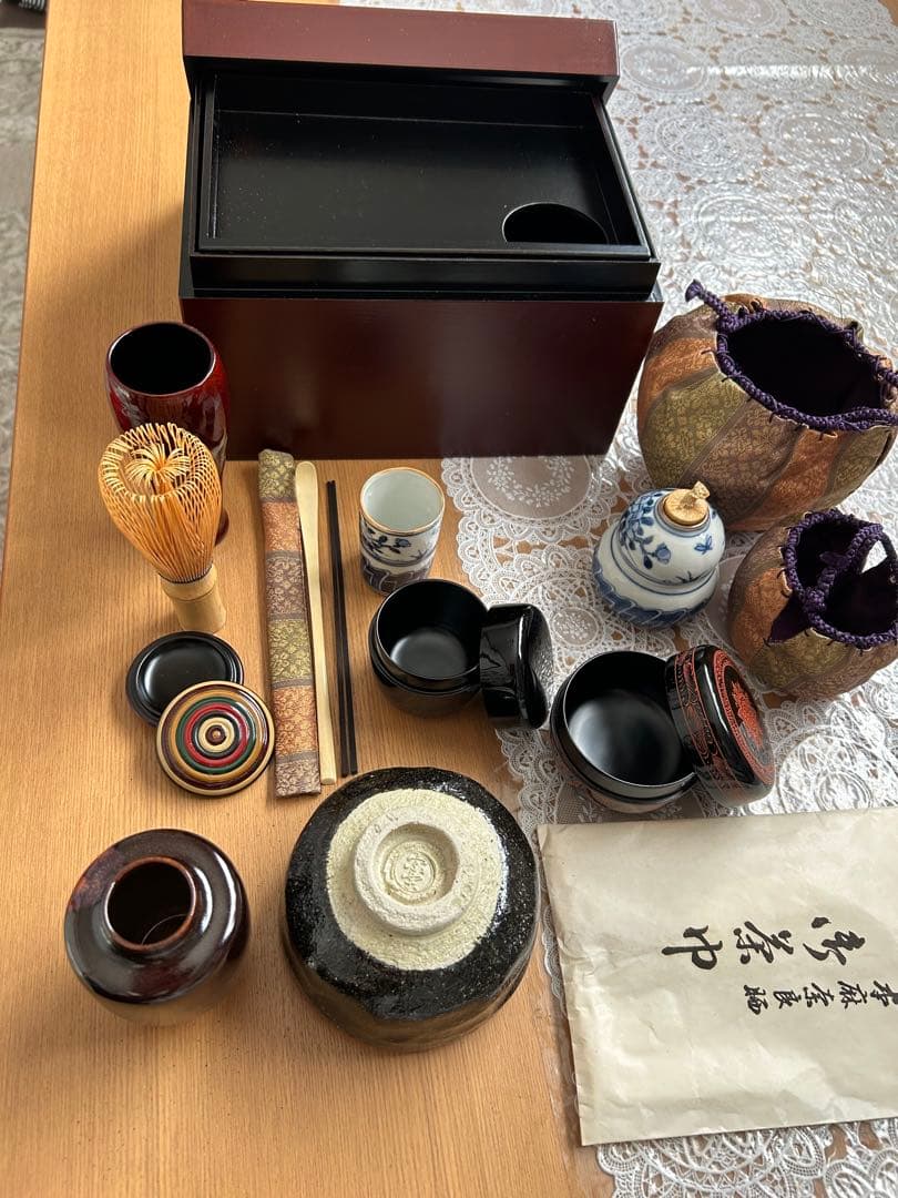 す*か様 茶道具セット 一式 焦茶箱付き 木箱のサイズ 約高さ14㌢幅21㌢奥行