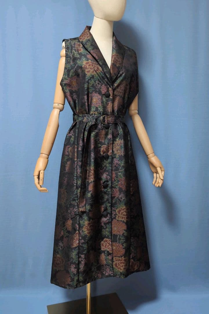 着物リメイク　やや難あり　大島紬ショールカラージレワンピース　L〜XL