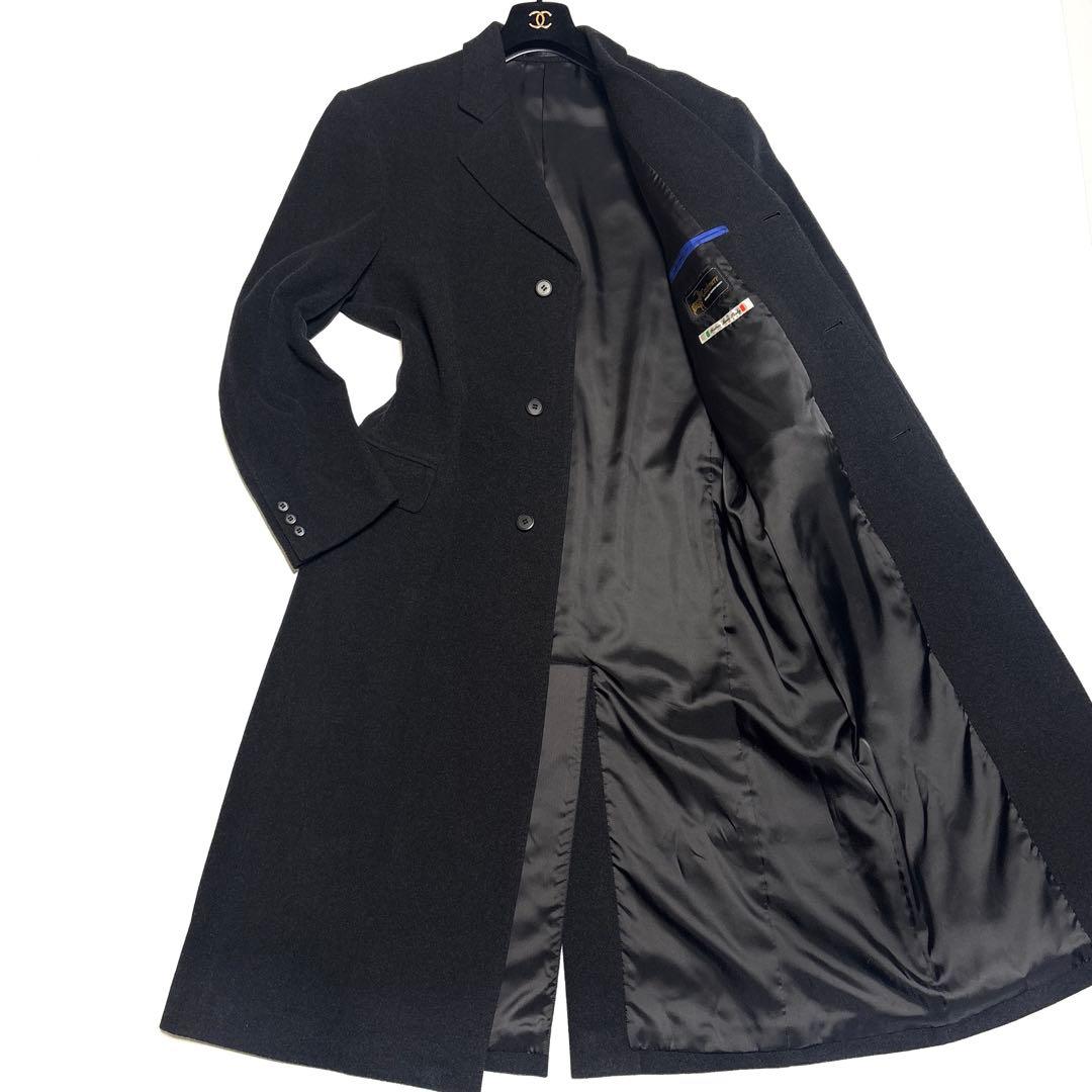 イタリア製生地 カシミヤ混 シングルブレスト ロングコート ダークグレー【XL】