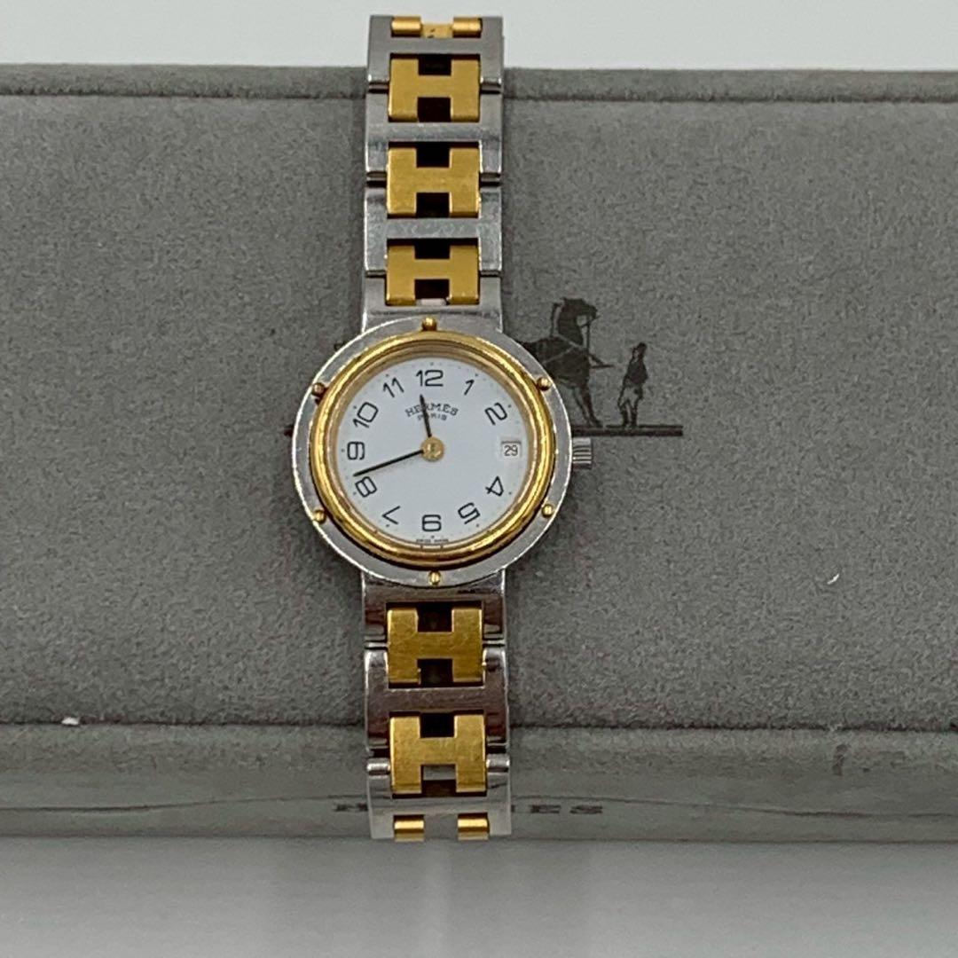 美品 エルメス クリッパー コンビ 白文字盤 デイト 腕時計 ラウンドフェイス