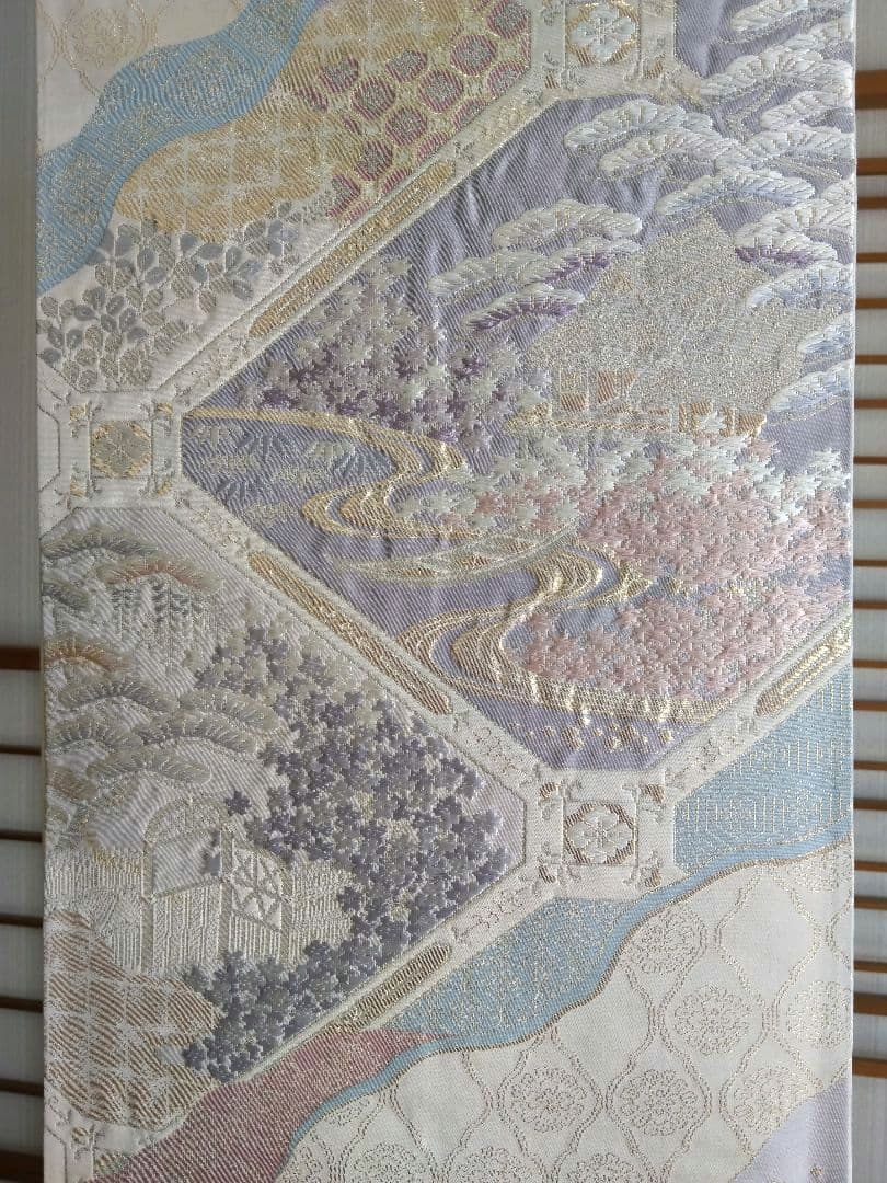 最終値下げ O-292 西陣袋帯 六通 唐織 膨れ織 建物 流水 正絹 美品