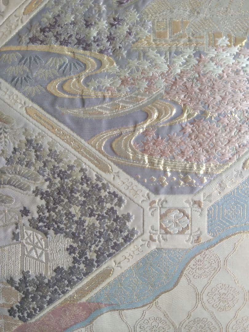 最終値下げ O-292 西陣袋帯 六通 唐織 膨れ織 建物 流水 正絹 美品