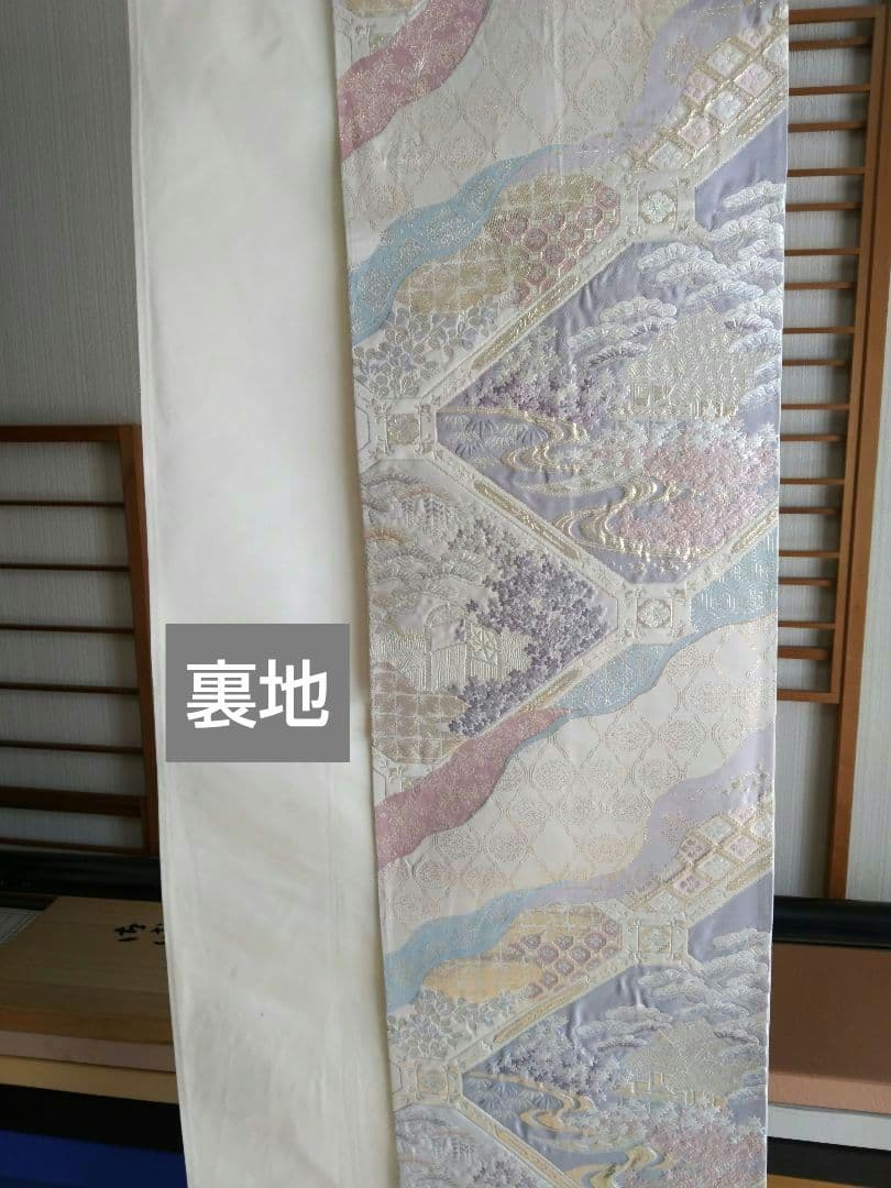 最終値下げ O-292 西陣袋帯 六通 唐織 膨れ織 建物 流水 正絹 美品