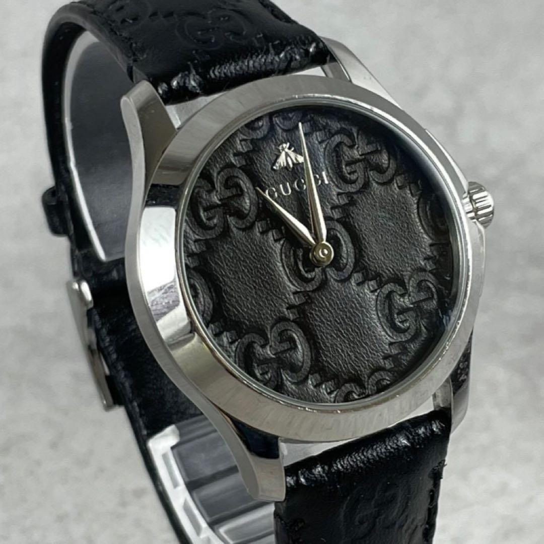 【正規品】GUCCI グッチ 腕時計 GG柄 ブラック シマレザー クォーツ 蜂