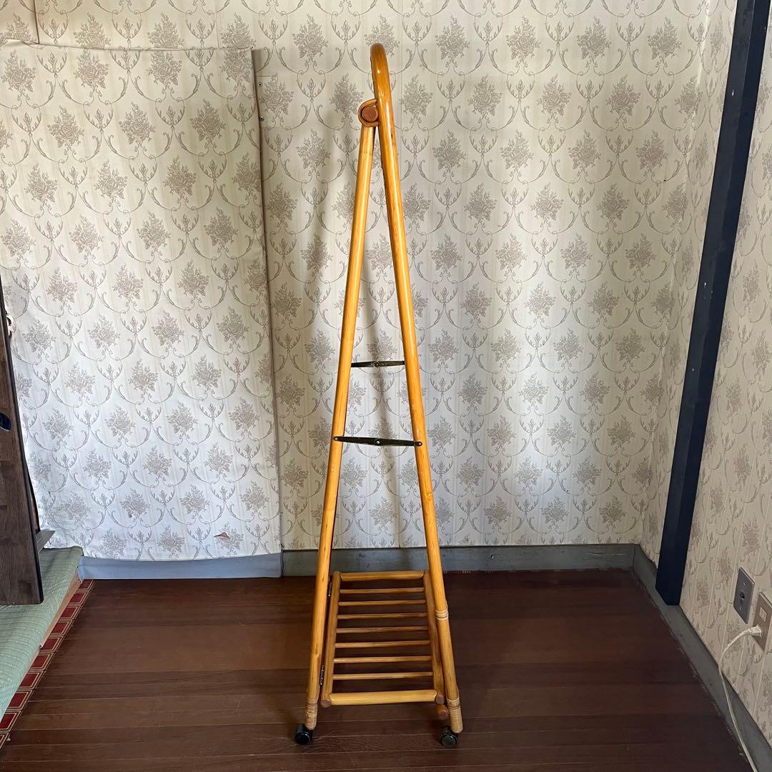 【アンティーク】籐 ラタン ミラー付き 折り畳み式 ハンガーラック 古道具