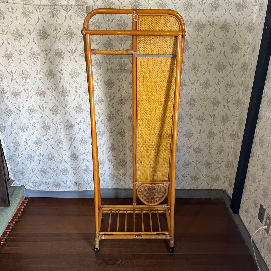 【アンティーク】籐 ラタン ミラー付き 折り畳み式 ハンガーラック 古道具