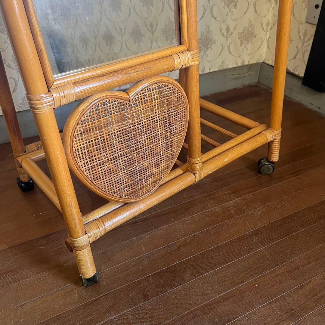 【アンティーク】籐 ラタン ミラー付き 折り畳み式 ハンガーラック 古道具