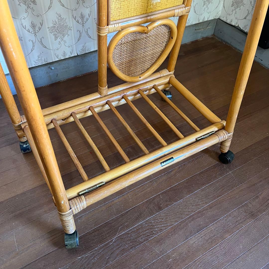 【アンティーク】籐 ラタン ミラー付き 折り畳み式 ハンガーラック 古道具