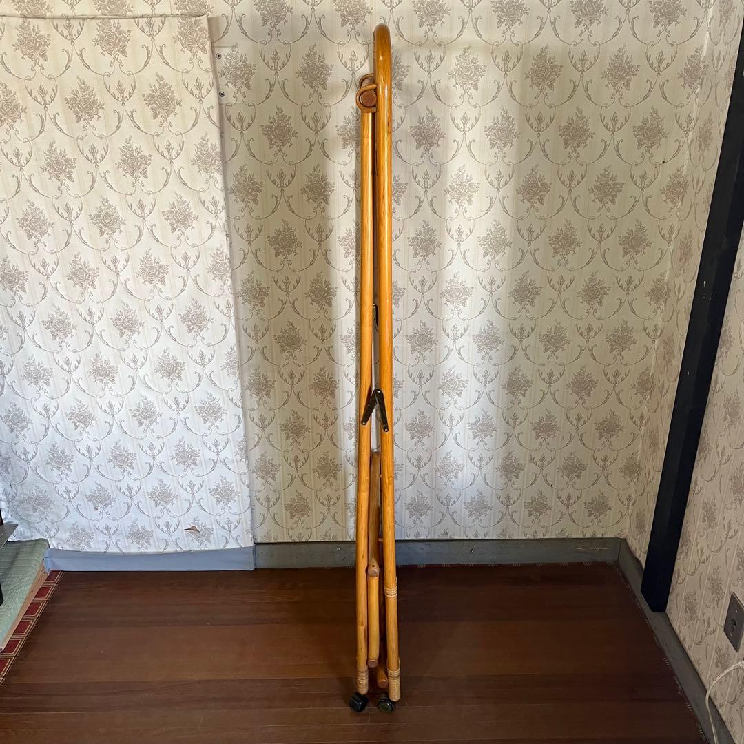 【アンティーク】籐 ラタン ミラー付き 折り畳み式 ハンガーラック 古道具