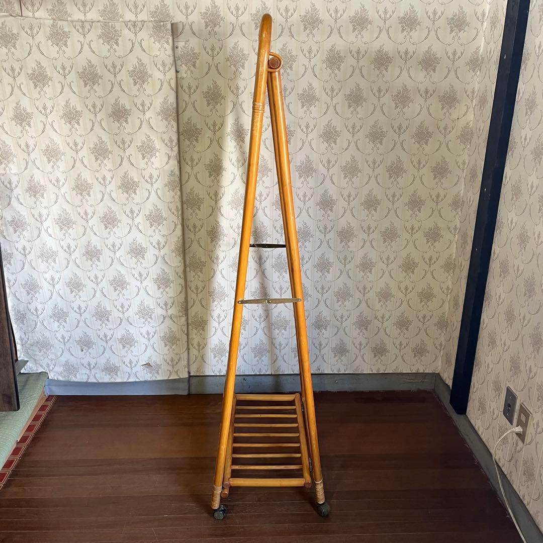 【アンティーク】籐 ラタン ミラー付き 折り畳み式 ハンガーラック 古道具