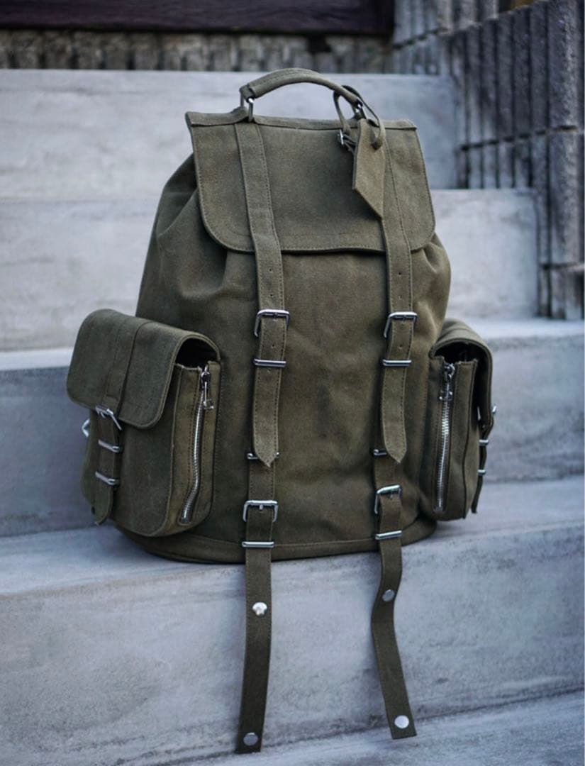 ビンテージコットン　キャンバス生地　グレー・オリーブ リュック　バックパック