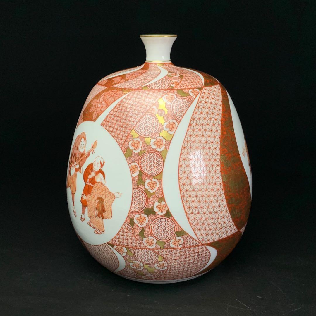 【福島武山 作】九谷焼 名工 『赤絵 江戸まつり』 九谷佐野窯 花瓶 共布 共箱